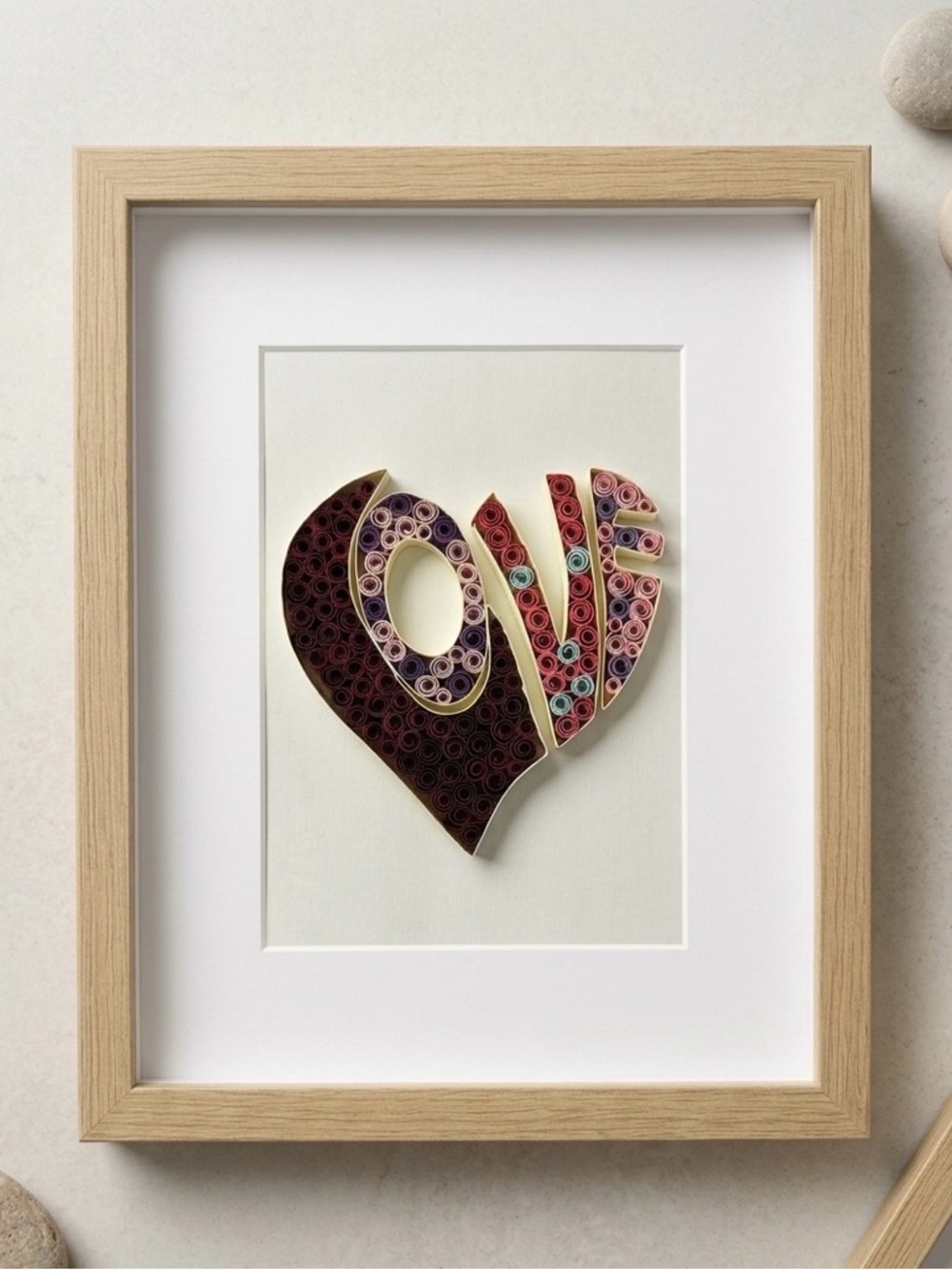 Handmade Framed Quilling 'LOVE' Heart Art